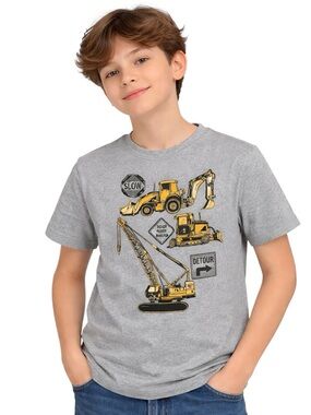 Copper Denim Construction Truck Graphic T-Shirt Boys Size 7 Gray Excavator Crane